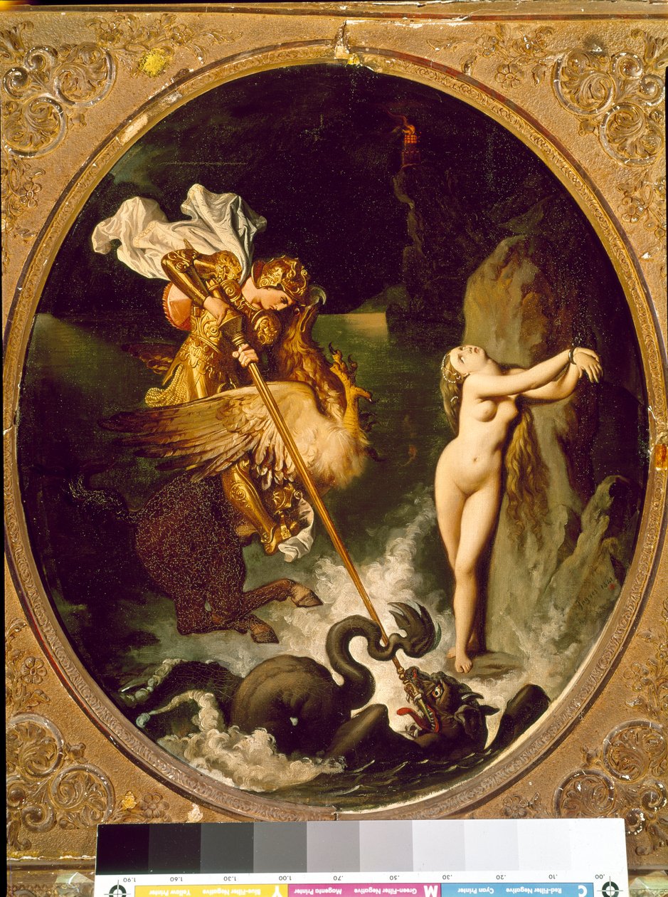 Roger delivrant Angelique Angelique (Angelica) blir frigjort av Roger (Ruggero, Ruggiero) rir på en flodhest - Illustrasjon av X-sangen til "" Furious Roland" (Orlando furioso) av Ludovic Ariosto (Arioste) - Maleri av Jean Auguste Dominique Ingres ( 178 av Jean Auguste Dominique Ingres