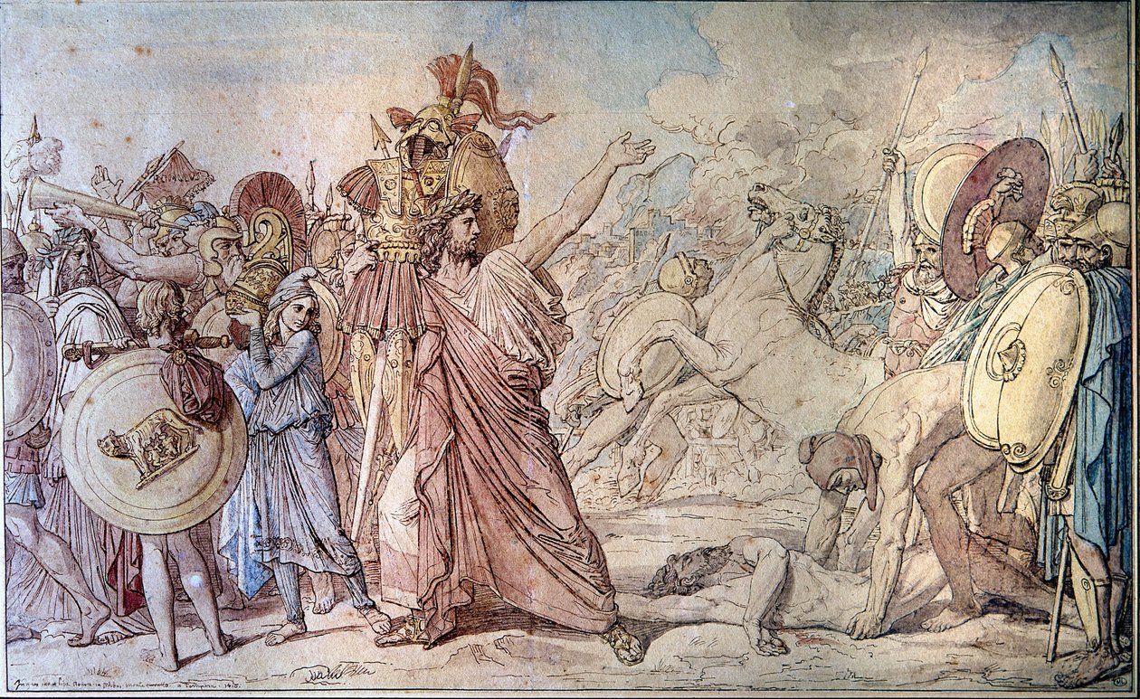 Romulus tar med til Jupiter-tempelet (Zeus) våpnene til Acron han nettopp har slått - Maleri av Jean Auguste Dominique Ingres (1780 - 1867) - Paris, Ecole des Beaux Arts av Jean Auguste Dominique Ingres