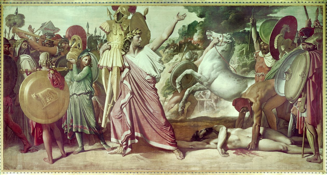 Romulus seierherre av Acron bærer opimittrestene til Jupiters tempel Grunnleggeren av Roma Romulus (Romolo) beseiret Acron, kongen av Ceninians i 748 f.Kr. Maleri av Jean Auguste Dominique Ingres (1780-1867) 1812 Paris, Ecole des beaux arts. av Jean Auguste Dominique Ingres