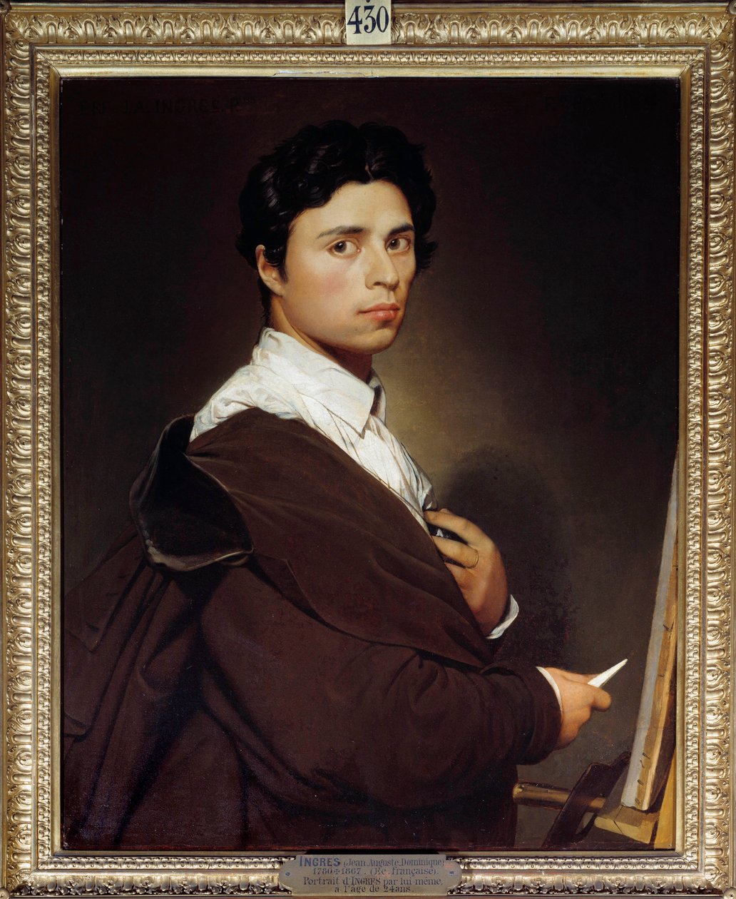 Selvportrett et 24 års maleri av Jean Auguste Dominique Ingres (1780-1867) 1804 Søn. 0,77x0,61 m Chantilly, musee Conde - Selvportrett i en alder av 24. Maleri av Jean Auguste Dominique Ingres (1780-1867) 1804. 0,77 x 0,61 m. Conde Museum, Chantilly, Franc av Jean Auguste Dominique Ingres