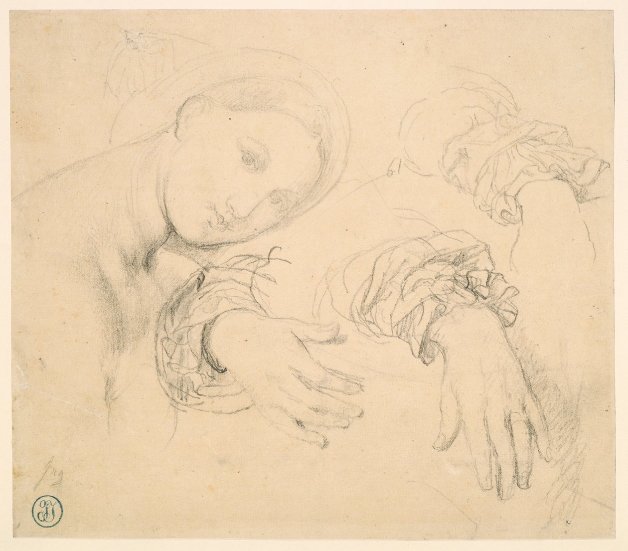 Studieark med lederen av Fornarina og hendene til Madame de Senonnes av Jean Auguste Dominique Ingres
