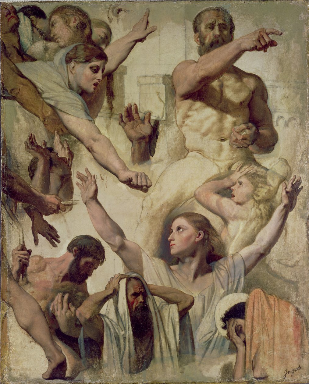 Studier for The Martyrdom of St. Symphorien (Saint, Mother and Proconsul), 1833 (olje over grafitt og rødt kritt på lerret) av Jean Auguste Dominique Ingres