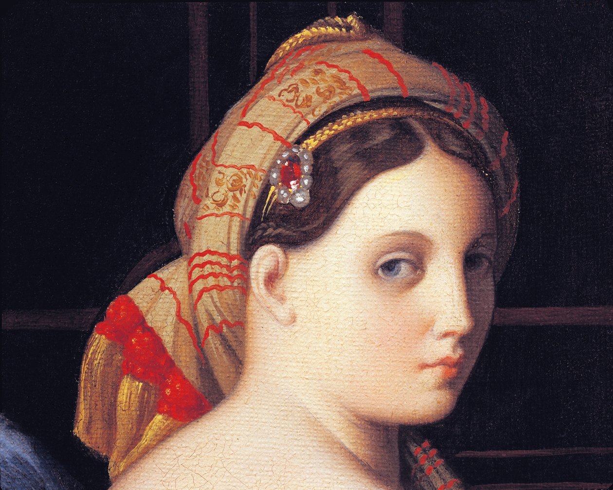 Odaliskens ansikt, detalj fra The Great Odalisque, av Jean Auguste Dominique Ingres, detalj, olje på lerret av Jean Auguste Dominique Ingres