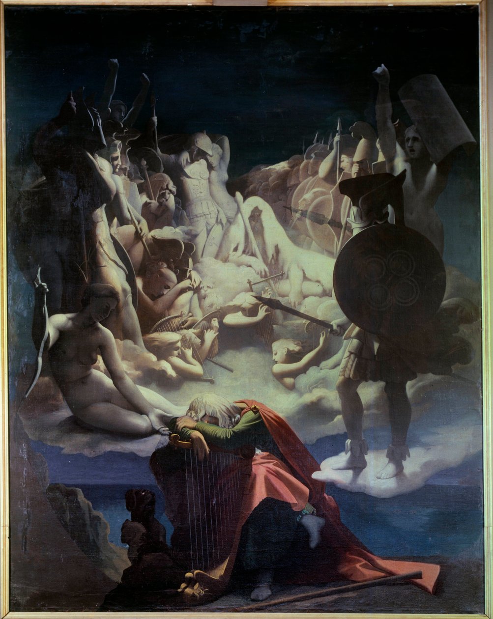Drømmen om Ossian Illustrasjon av operaen "" Ossian or the Bards"" av Jean Francois (Jean-Francois) Le Sueur (Lesueur) (1760-1837), barden Ossian var en skotsk poet fra det 3. århundre lest av Napoleon, han er en representant som sover på en lyre, behi av Jean Auguste Dominique Ingres