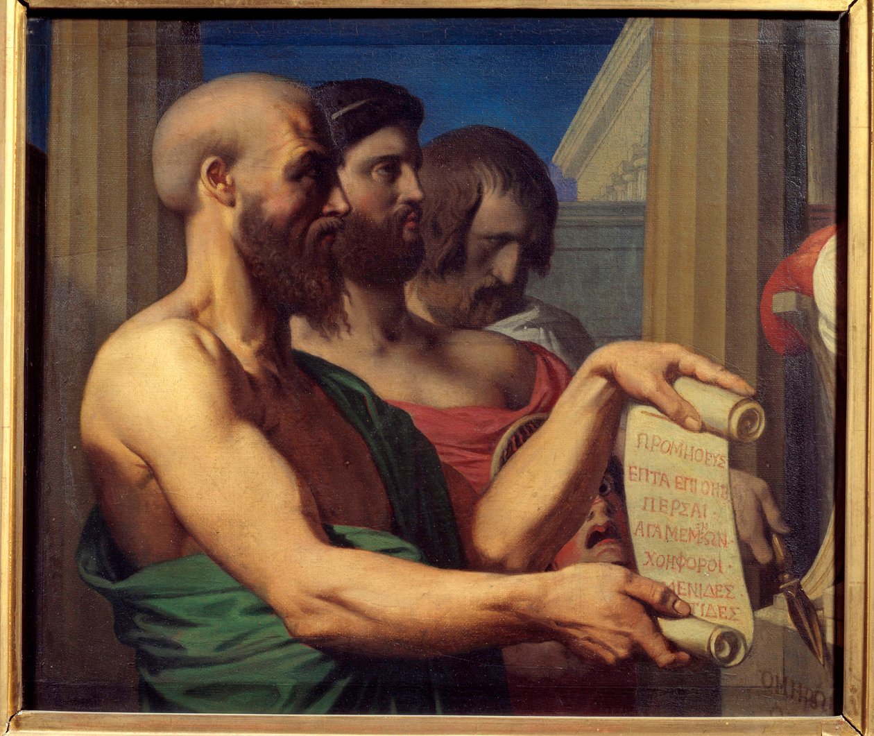De tragiske greske portrettene av dramatikerne Aschylus (525-456 f.Kr.), Sofokles (495-406 f.Kr.) og Euripides (480-406 f.Kr.). Maleri av Jean Auguste Dominique Ingres (1780-1867) 1866 Angers, Musee des Beaux Arts av Jean Auguste Dominique Ingres