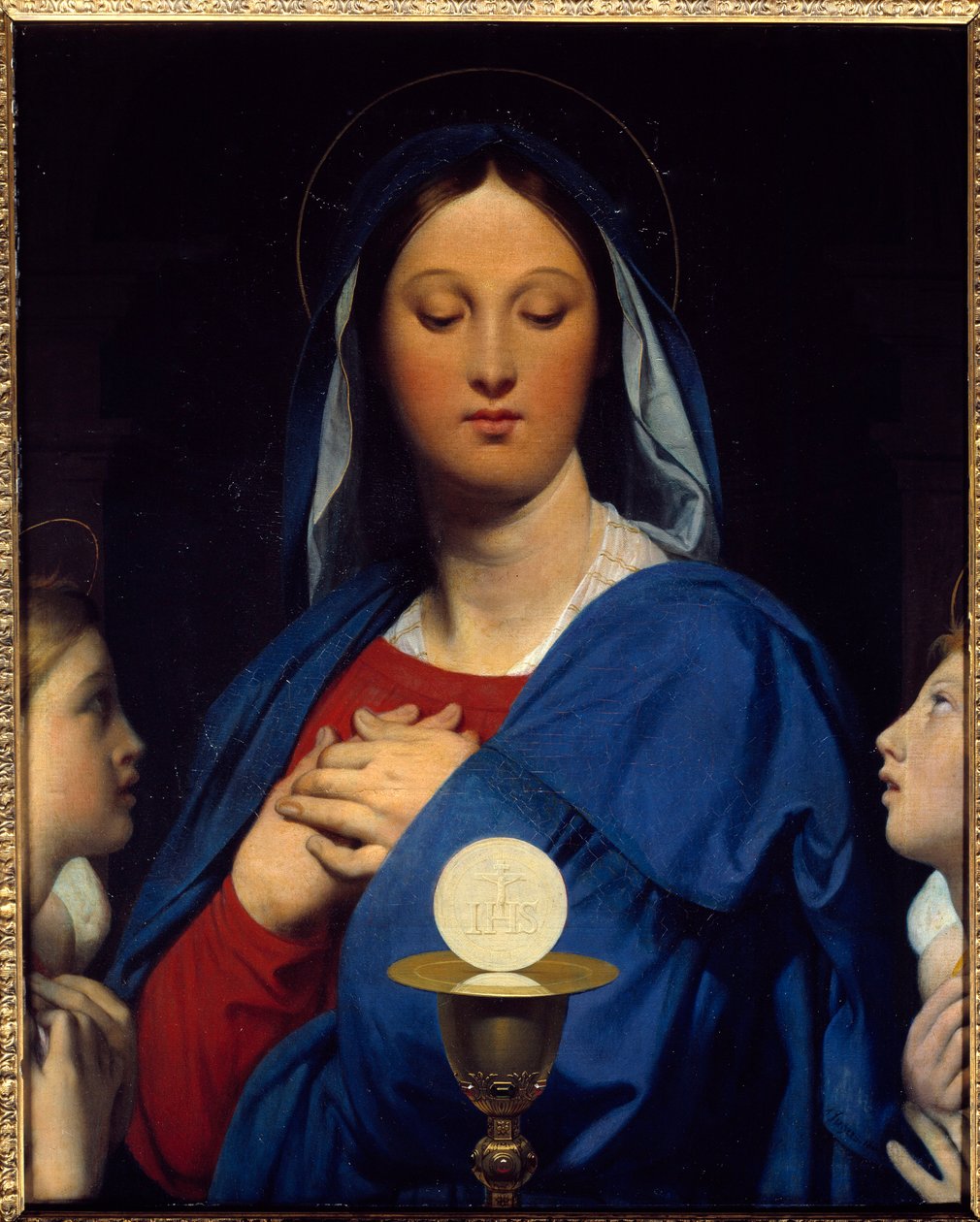 Jomfruen har verten. Symboler for nattverd: Gjenstand for eukaristien (verten som Kristi legeme og kalkens vin som hans blod). Maleri av Jean Auguste Dominique Ingres (1780-1867) av Jean Auguste Dominique Ingres