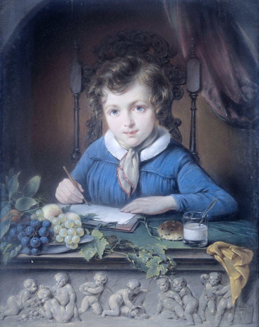 Portrett av en gutt som sitter i en vindusnisje og har på seg en blå jakke av Jean Augustin Daiwaille (attributed to)