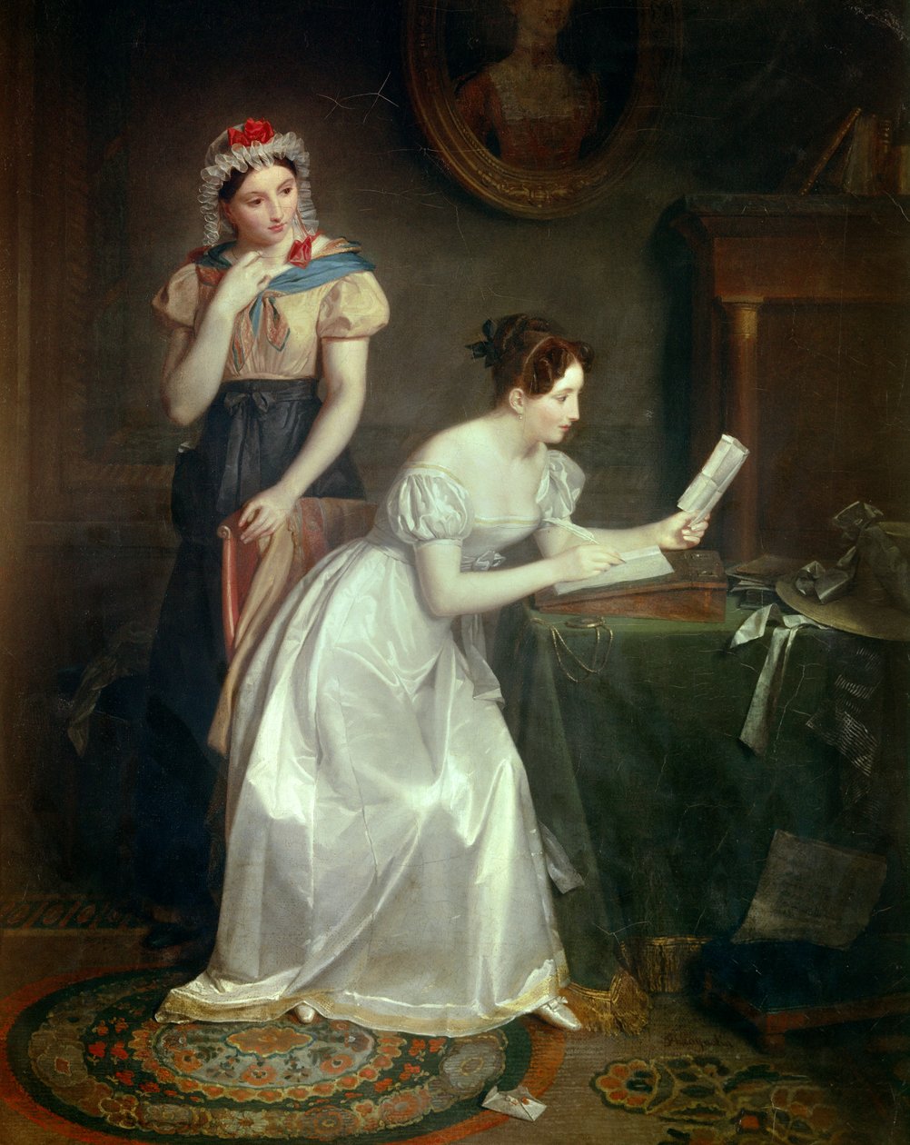 Svaret på brevet En ung kvinne skynder seg å svare på brevet til sin elsker - Maleri av Jean Augustin (Jean-Augustin) Franquelin (1798-1839) 1800-tallet Søn 0,46x0,38 m av Jean Augustin Franquelin