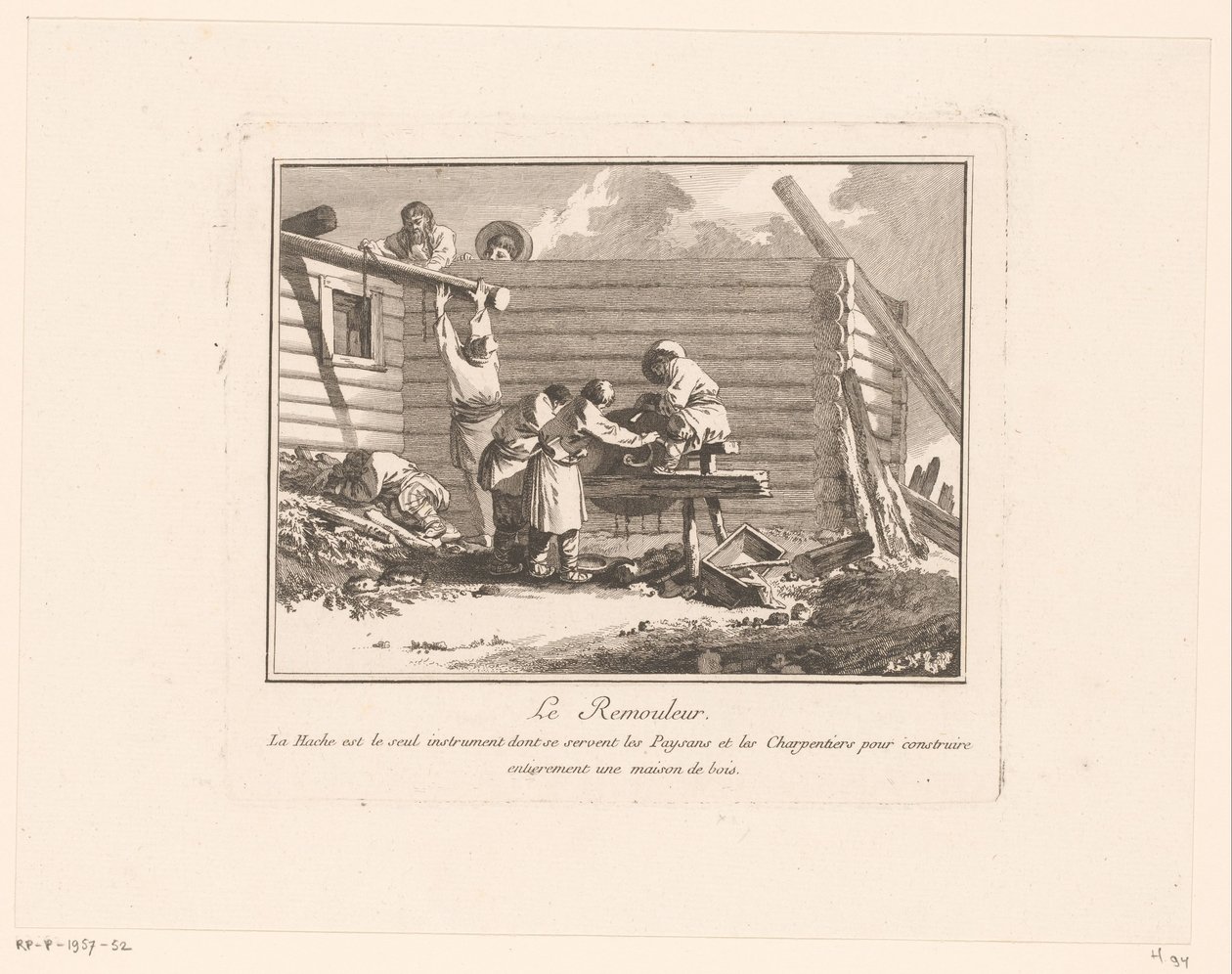 Figurer ved en saks-smell foran et trehus under bygging Le Remouleur (tittel på objekt) av Jean Baptist Leprince
