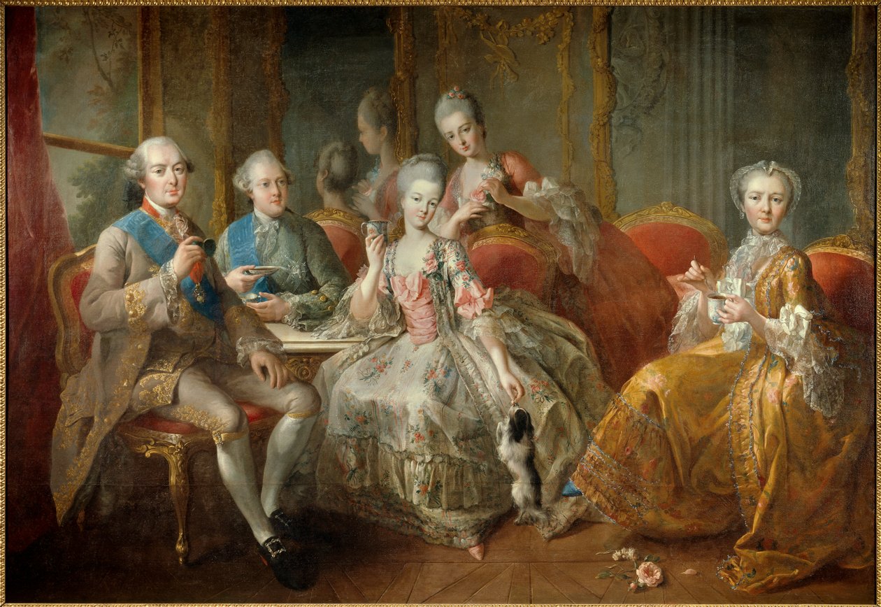 Familien til hertugen av Penthievre i 1768 eller "La Tasse de Chocolat": gjenforente portretter av hertugen av Penthievre (1725-1793), av hans sønn, prinsen av Lamballe (1747-1768), av prinsessen av Lamballe (1749) -1792), av hans datter Mademoiselle de Pe av Jean Baptiste Charpentier