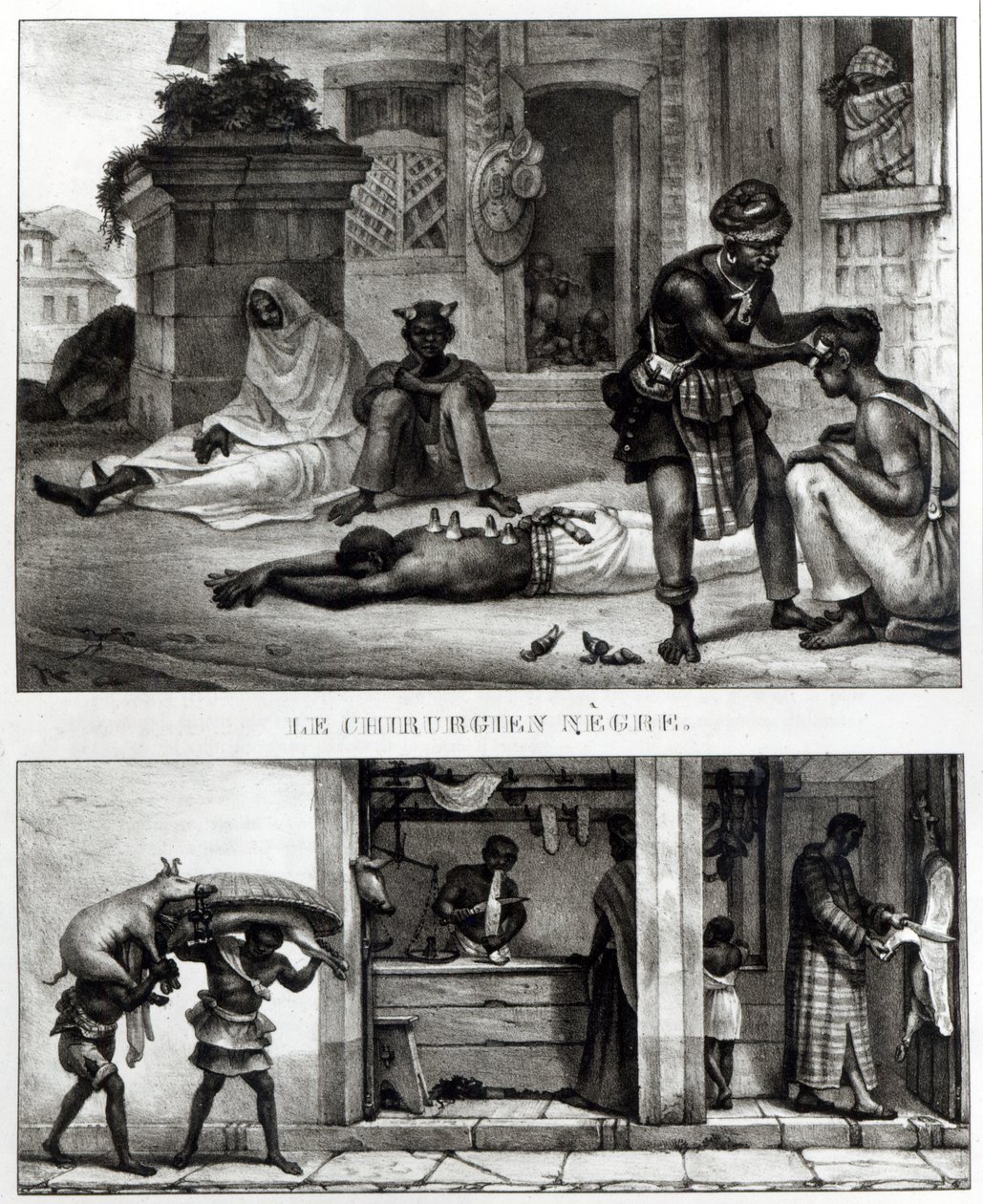 En svart kirurg; Butikk til en svinekjøttselger (litho) (s/hvitt-bilde) av Jean Baptiste (after) Debret