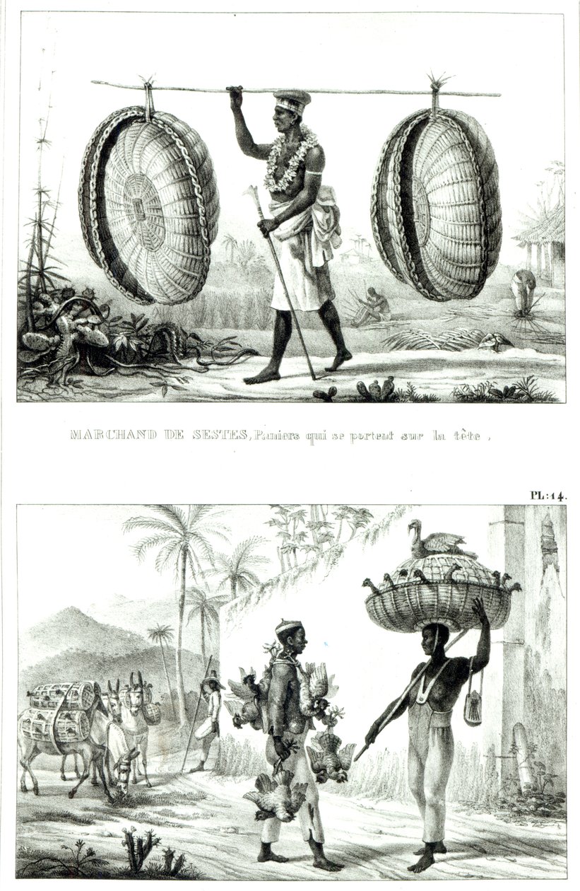 Hodekurver og en fjærfeselger, fra "Picturesque and Historical Journey to Brazil" av Jean Baptiste (after) Debret