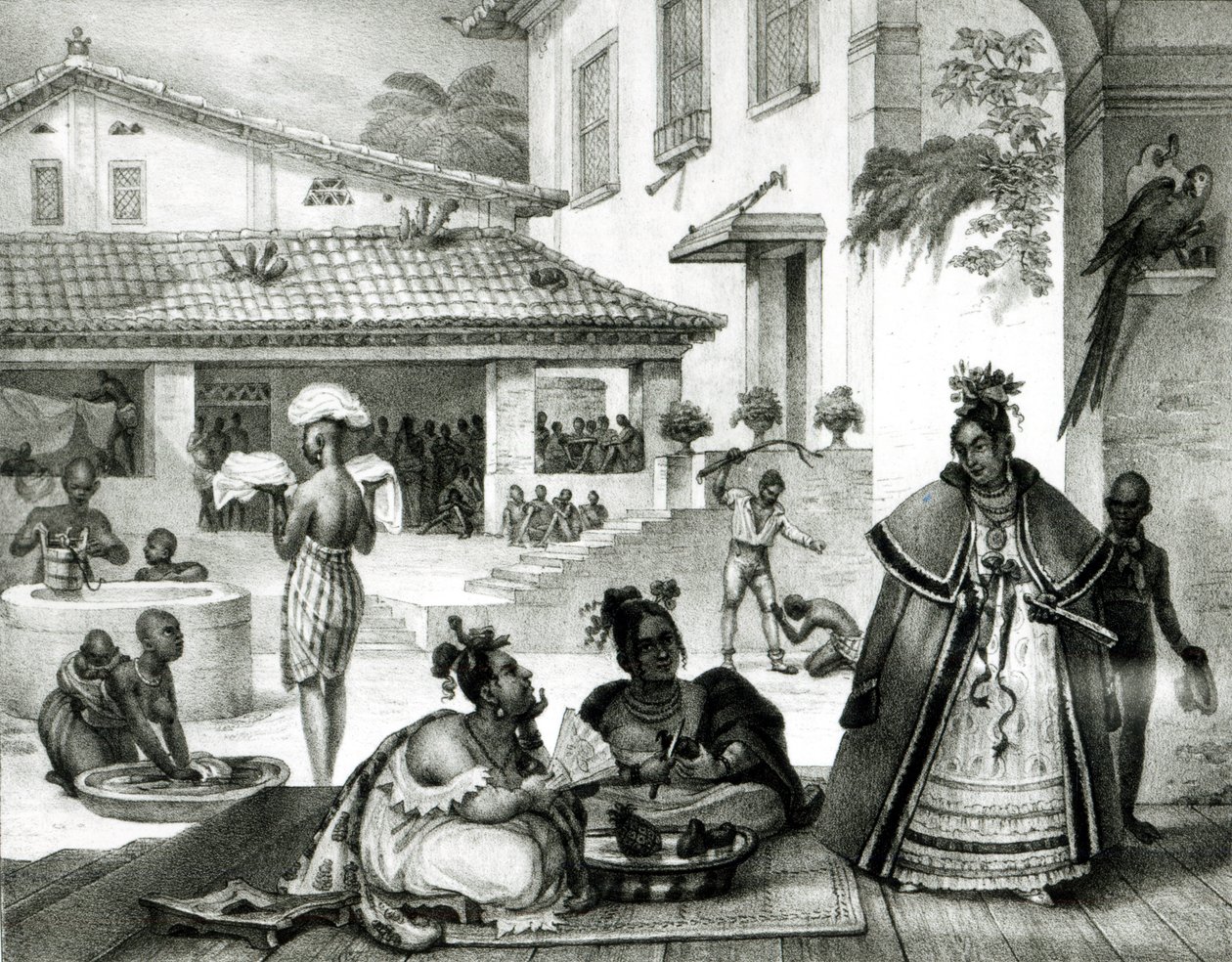 Interiør i et Cigganos-hus, fra «Pittoresk og historisk reise til Brasil» av Jean Baptiste (after) Debret