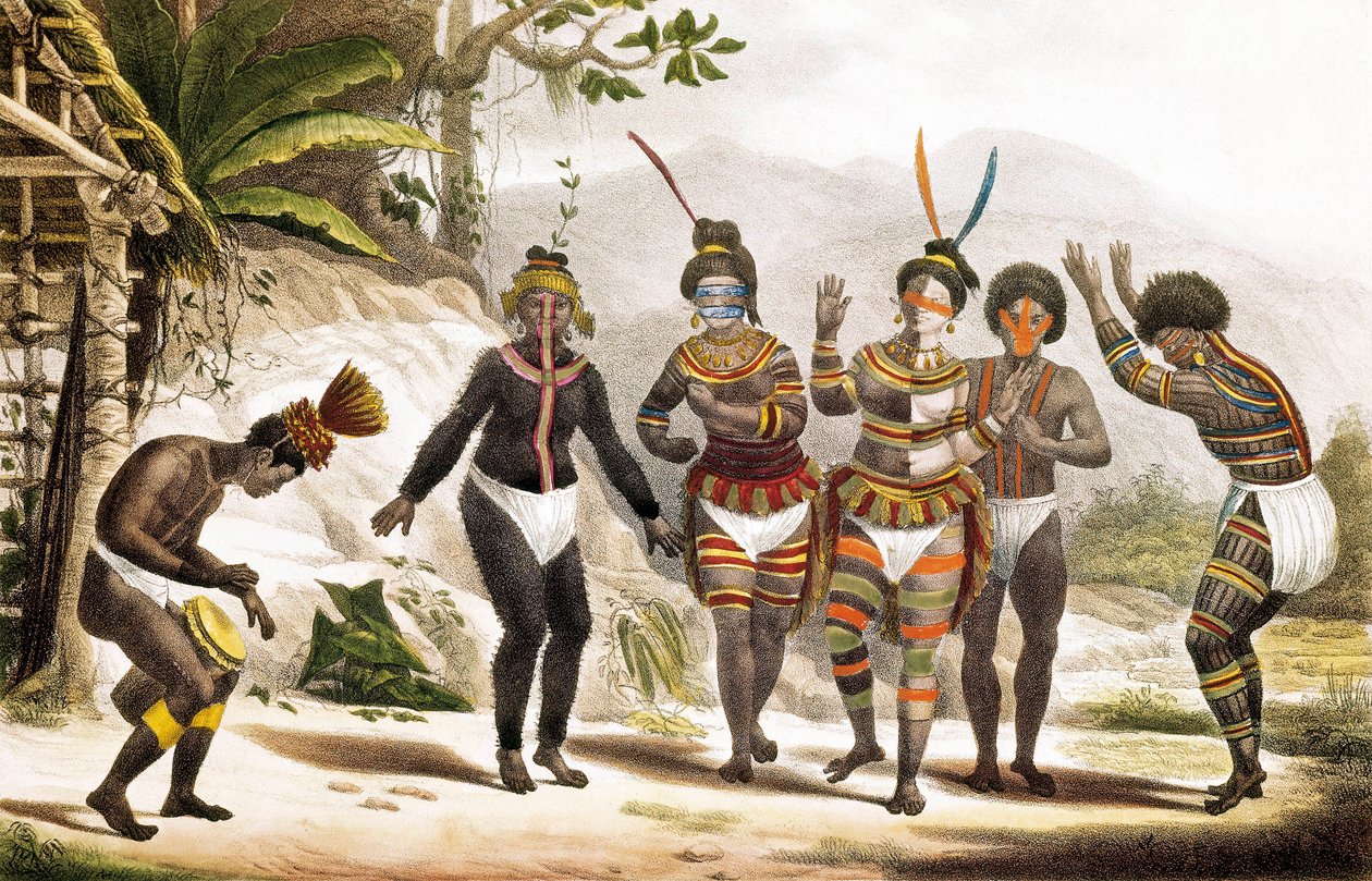 San Jose Mission: Dansende søramerikanske indianere, Brasil av Jean Baptiste (after) Debret