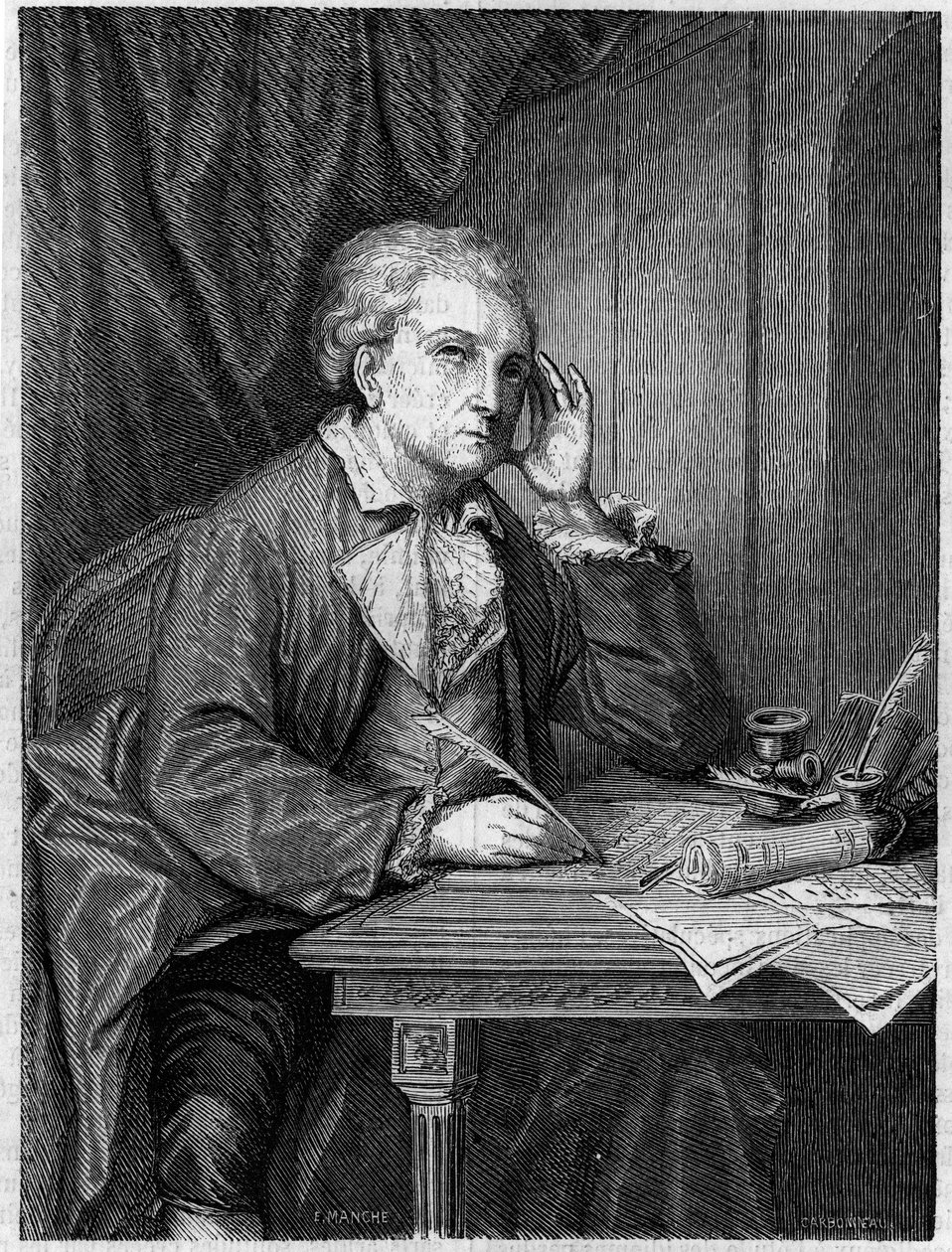 Portrett av Nicolas Alexandre Dezede Fransk komponist (1740-1792). Gravering etter et portrett av Greuze. av Jean Baptiste (after) Greuze