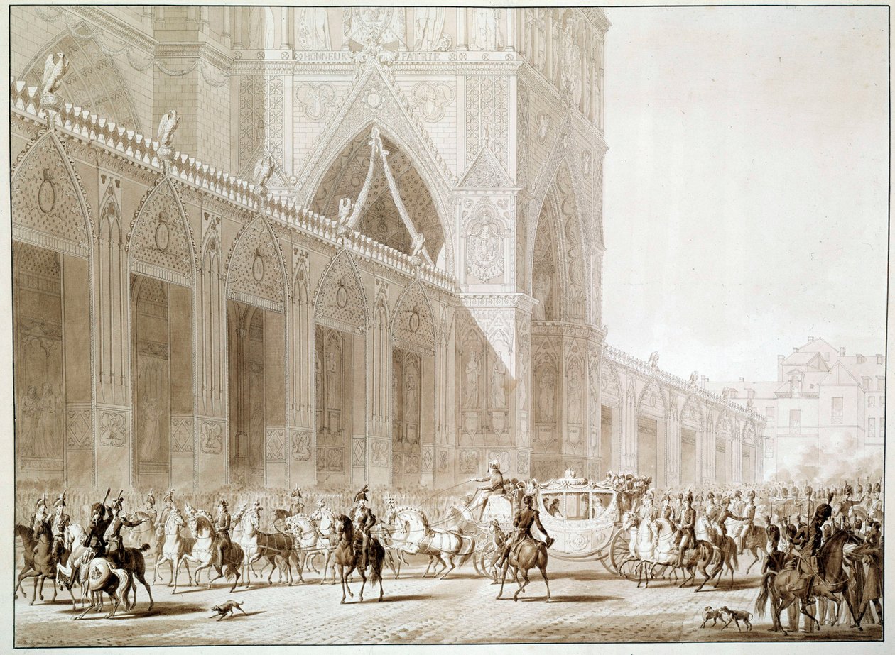 Ankomsten i vogn av keiser Napoleon I (1769-1821) og Impress Josephine de Beauharnais (1763-1814) ved katedralen Notre Dame de Paris på dagen for det hellige trykk etter "The Book of the Sacred" av Jean Baptiste Isabey ( 1767-1855) 1800-tallet av Jean Baptiste (after) Isabey