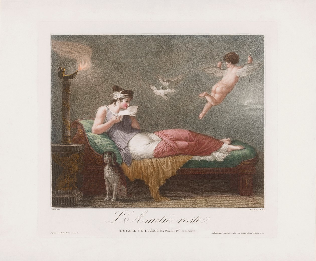 Cupid leverer et kjærlighetsbrev. 1800-tallet (trykk) av Jean Baptiste (after) Mallet