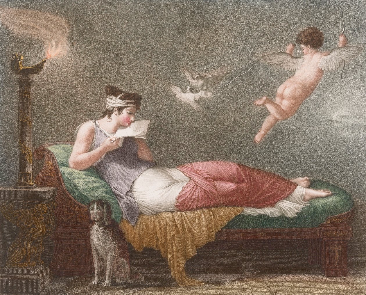 Cupid leverer et kjærlighetsbrev. 1800-tallet (trykk) av Jean Baptiste (after) Mallet