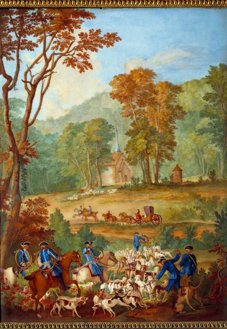 Plakett som viser jaktene til Ludvig XVI (1754-1793): "Flokken med vanlige hunder som går til møtet i Compiegne-skogen"" Porselensmaleri av Philippe Castel (ca. 1746-1797) av Jean Baptiste Oudry (1686-1755) ) 1778-1781 Dim. 0,39x0,49 m av Jean Baptiste (after) Oudry