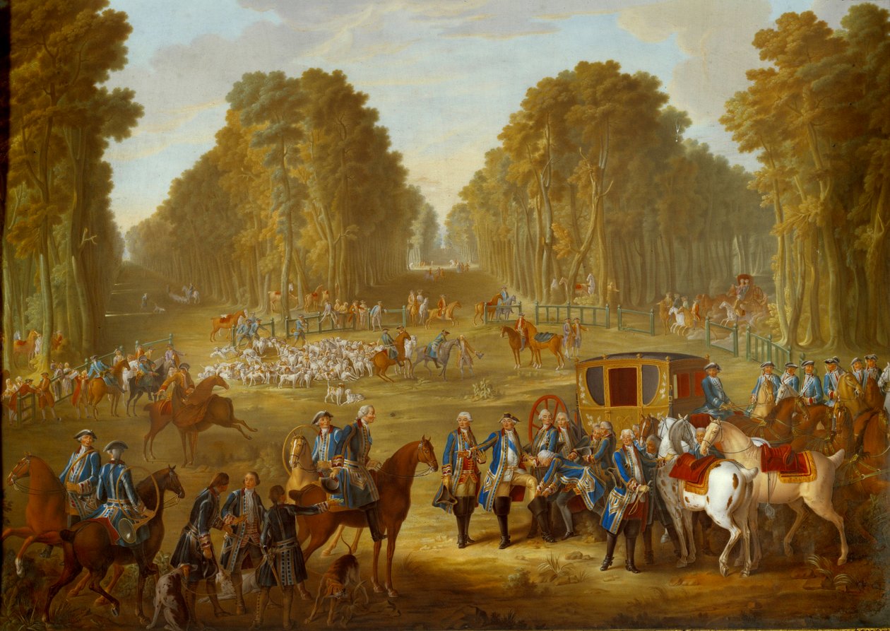 Plakett som viser jaktene til Ludvig XVI: møtet ved krysset mellom brønnen du Roi i Compiegne-skogen. Maleri på mykt porselen av Nicolas Pierre Pithou l'Aine (aktiv fra 1757 til 1790) av Jean Baptiste Oudry (1686-1755) 1781 Søn. 0,39x0, av Jean Baptiste (after) Oudry