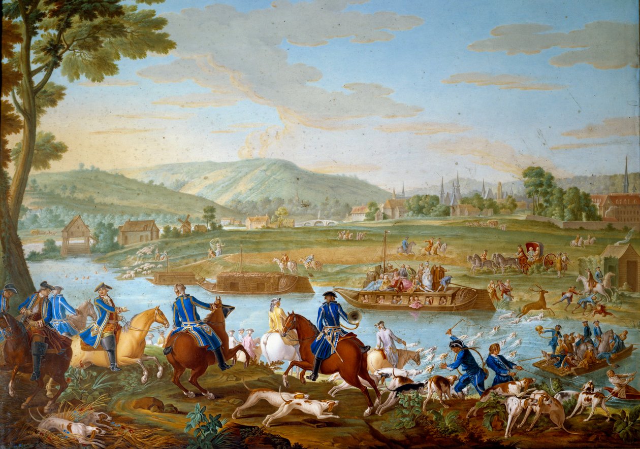 Plakett som representerer jaktene til Ludvig XVI: hjorten passerer Oise fra kysten av Royallieu i sikte av byen Compiegne. Maleri på mykt porselen av Nicolas Pierre Pithou l