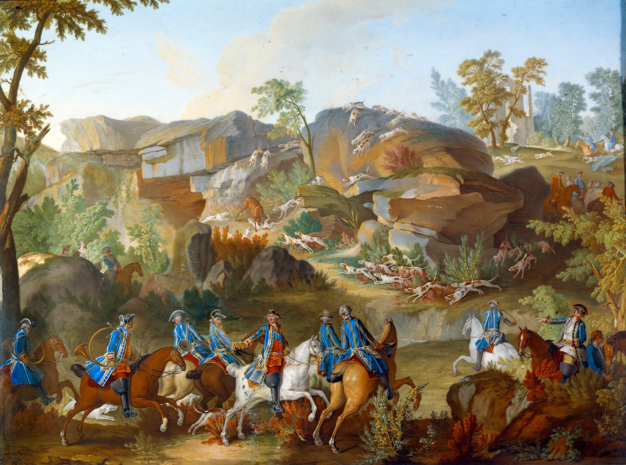 Plakett som representerer jaktene til Ludvig XVI: hjorten som holder seg til hunder i steinene til Frauchard i skogen i Compiegne. Maleri på mykt porselen av Nicolas Pierre Pithou l