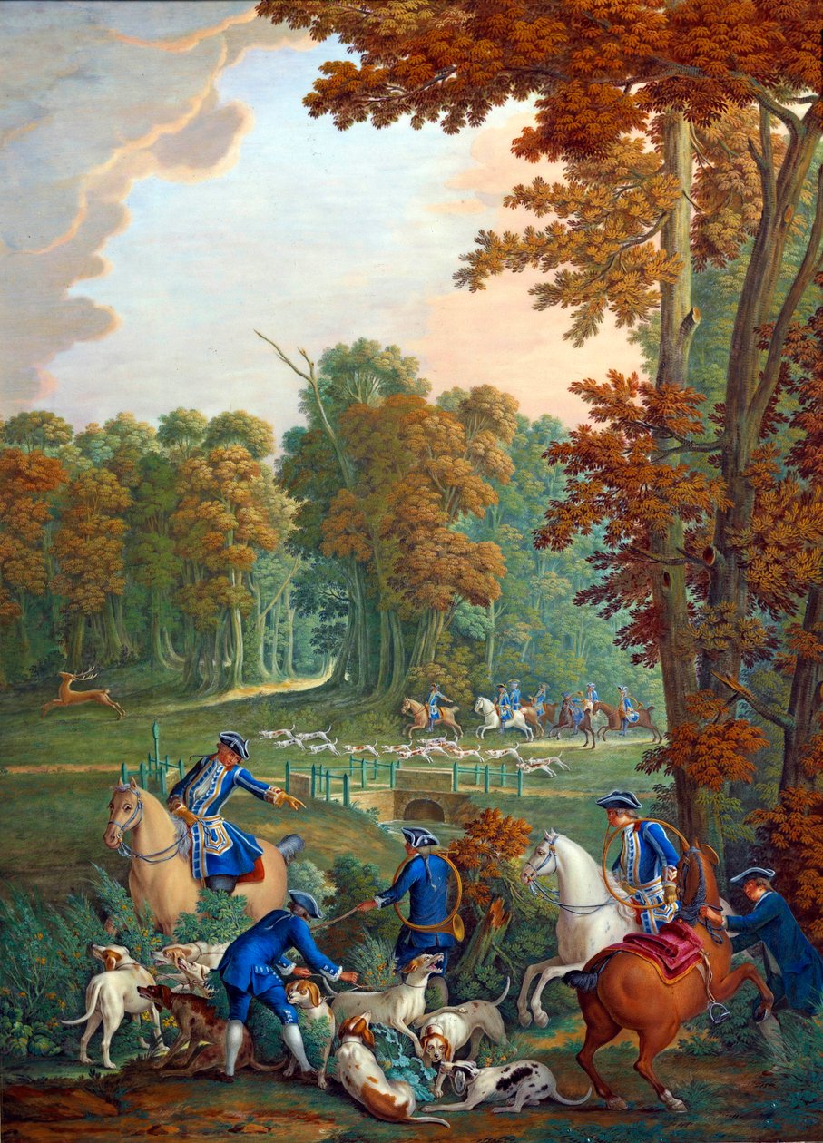 Plakett som representerer jaktene til Ludvig XVI: stafetten ved krysset mellom Embrassade i skogen Compiegne"" eller "" betjent som kobler den gamle flokken""". Porselensmaleri av Charles Etienne Leguay (1762-1846) av Jea av Jean Baptiste (after) Oudry
