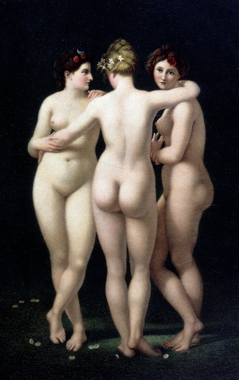 De tre nådene. Faksimile fra arbeidet til Jean Baptiste Regnault (1754-1829) - postkort av Jean Baptiste (after) Regnault