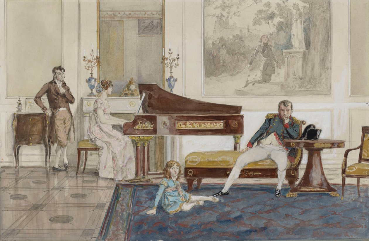Første fremføring av 'Leaving for Syria' foran Napoleon, sønnen hans og Comte de Laborde (grafitt, akvarell og kroppsfarge forsterket med hvitt på papir) av Jean Baptiste (attr. to) Isabey