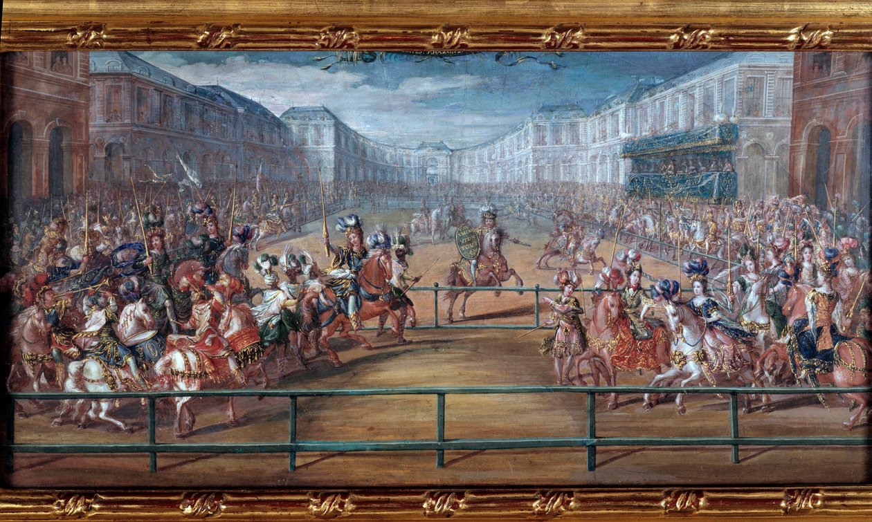 Den pompøse karusellen av de galante amazonene i de fire verdensdelene gitt av Ludvig XIV foran Tuileriene 5. juni av Jean Baptiste (attr. to) Martin