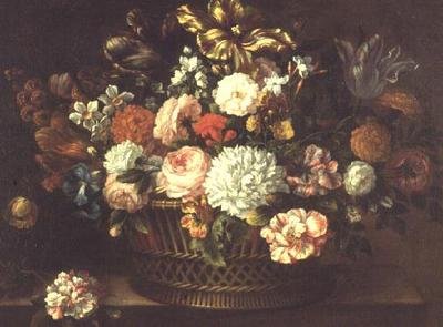 Peoner, tulipaner, narcissi og andre blomster i en kurv av Jean Baptiste (attr. to) Monnoyer