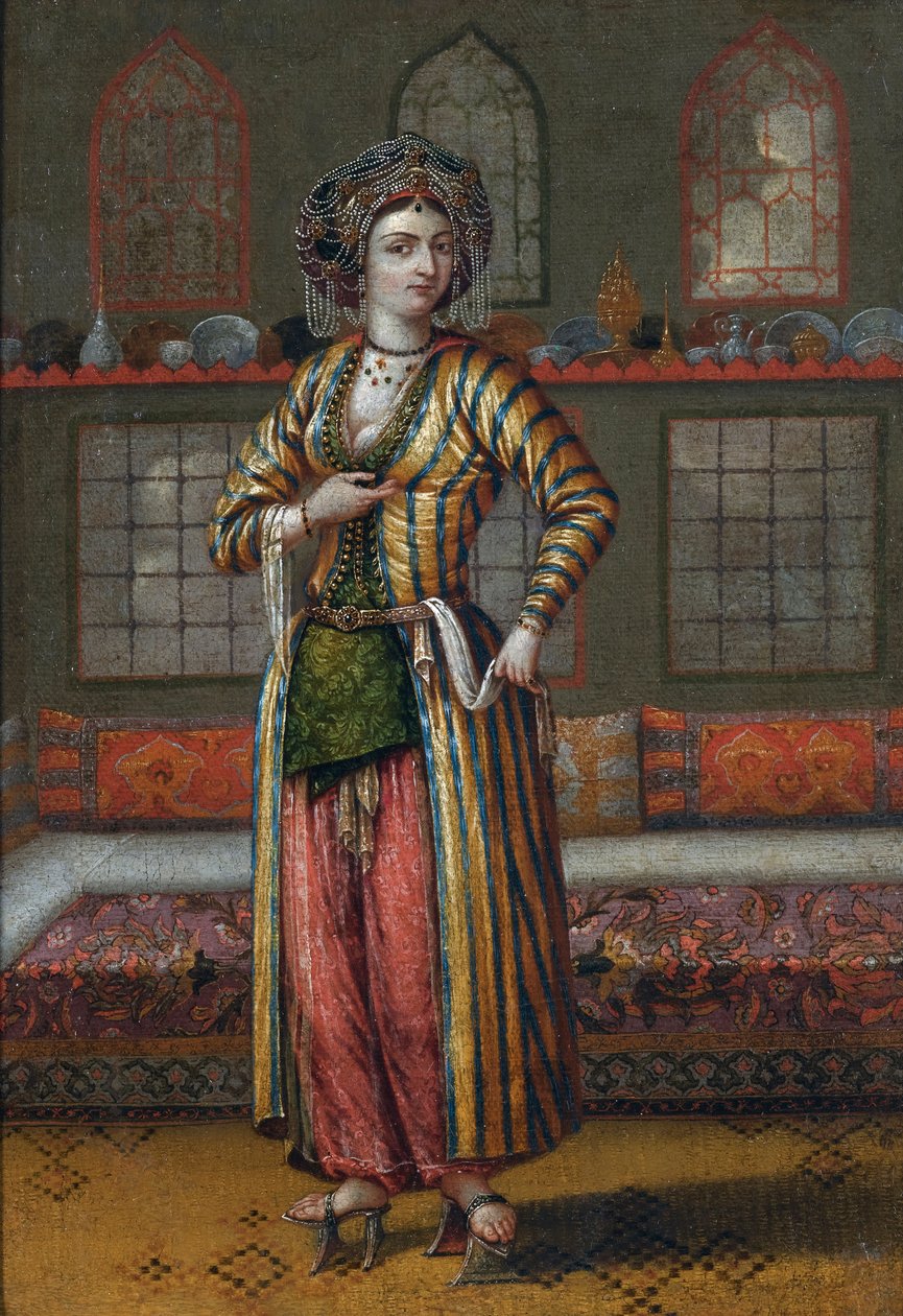 ""Portrett av en kvinne fra adelen i Konstantinopel iført hammamsko"" (En edel dame fra Konstantinopel med Hammam-sko) Maleri fra skolen til Jean Baptiste Vanmour (Van Mour) Olje på lerret, 25,5x18 - Privat samling av Jean Baptiste (circle of) Vanmour