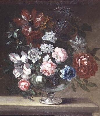 Roser, tulipaner og andre blomster i en vase av Jean Baptiste (follower of) Monnoyer