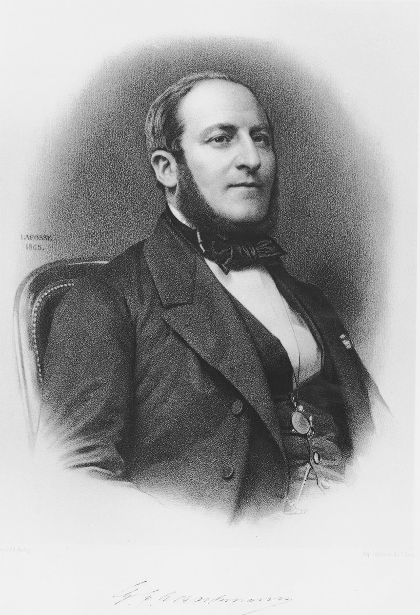 Portrett av baron Georges Eugene Haussmann (1809-91), 1865 (bw gravering) av Jean Baptiste Adolphe Lafosse