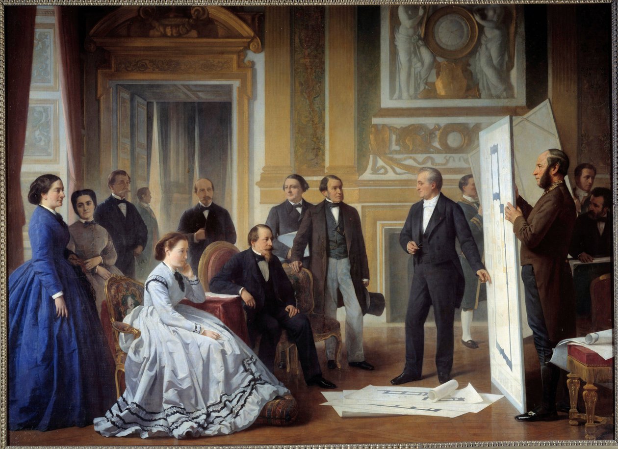 Arkitekten Louis Visconti (1791-1853) presenterer for Napoleon III planen for det nye Louvre-maleriet av Ange Tissier (1814-1876) 1865, olje på lerret av Jean Baptiste Ange Tissier