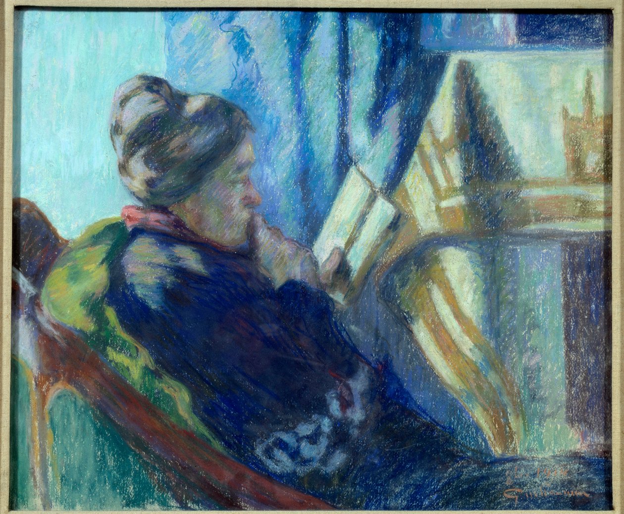 Leser Gammel kvinne leser en bok i stolen hennes. Maleri av Jean Baptiste Armand Guillaumin (1841-1927) Metz fra 1800-tallet, Musee des Beaux Arts av Jean Baptiste Armand Guillaumin