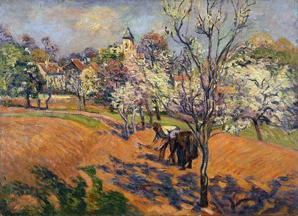 Vår med et par som hakker og syr frø (olje på lerret) av Jean Baptiste Armand Guillaumin