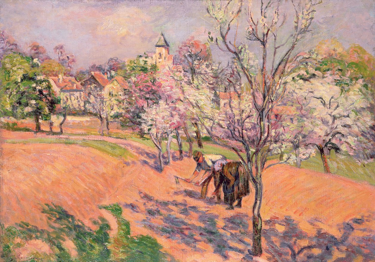 To bønder som sår bønner i en frukthage av Jean Baptiste Armand Guillaumin