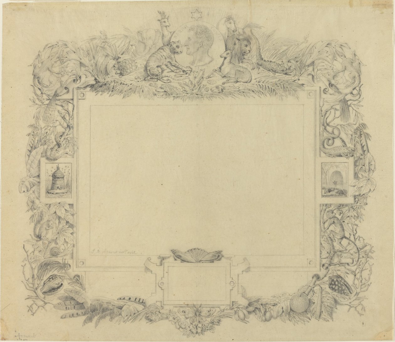 Design for en grense med et portrett av baron Cuvier av Jean-Baptiste Arnout