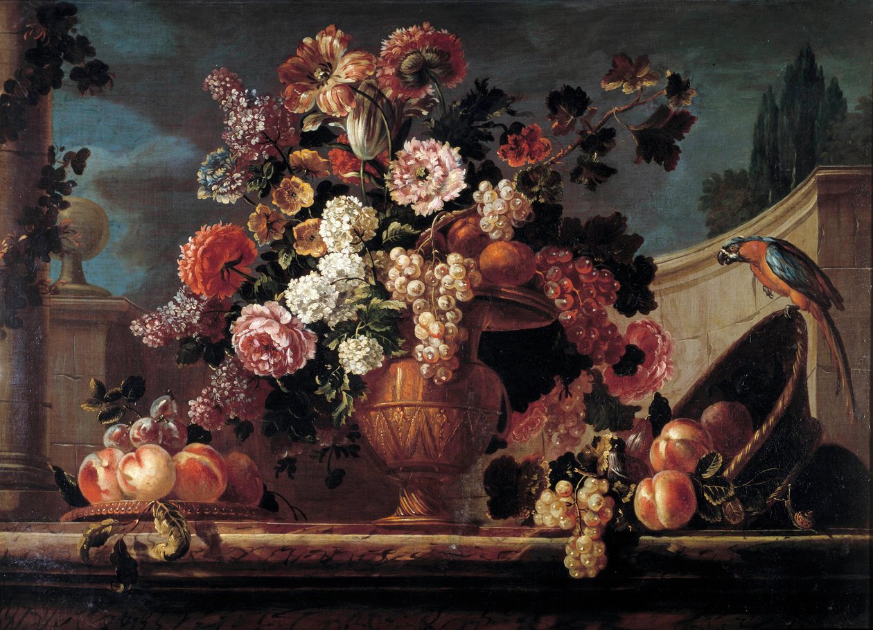 Blomster, frukt og papegøyer Maleri av Jean Blin (eller Blain eller Belin) fra Fontenay (1653-1715) 1700-tallets Orleans. Museum of Fine Arts av Jean Baptiste Belin de Fontenay
