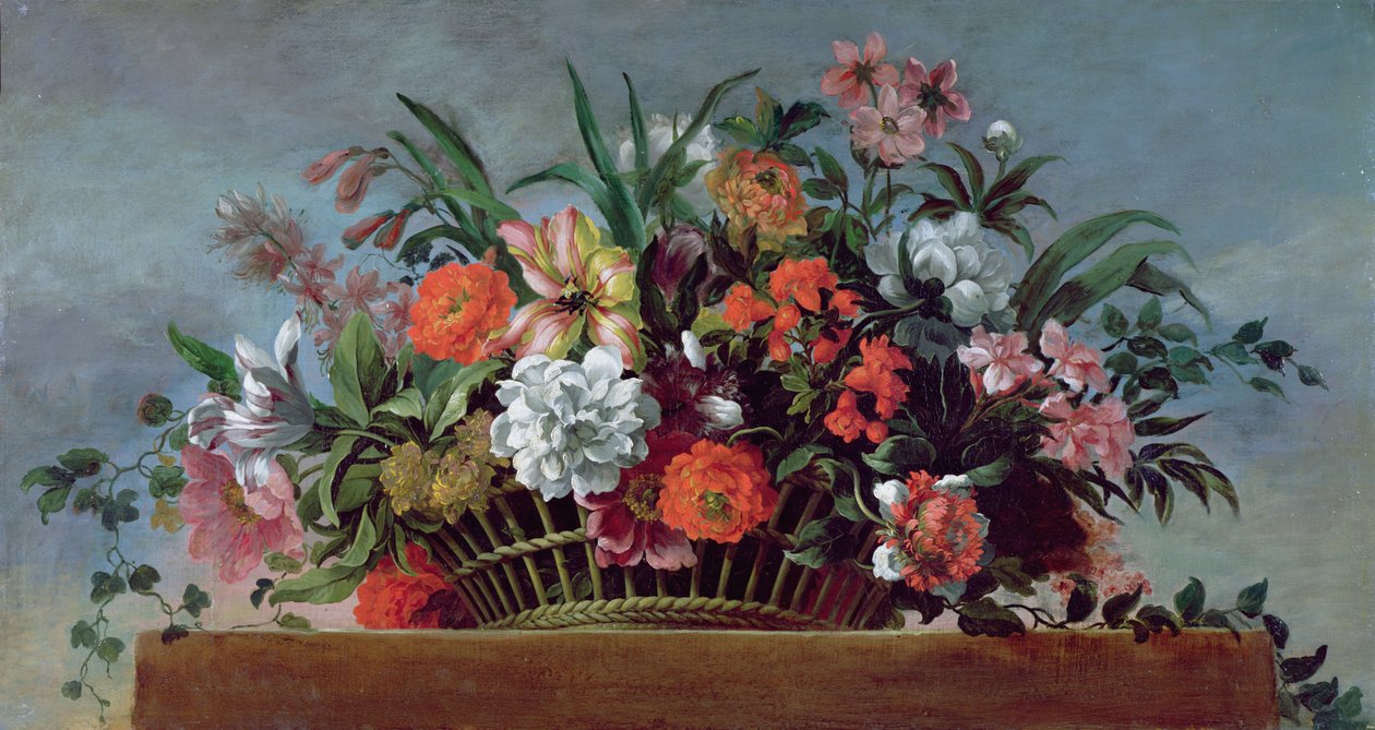 Vevd kurv fylt med blomster (olje) av Jean Baptiste Belin de Fontenay