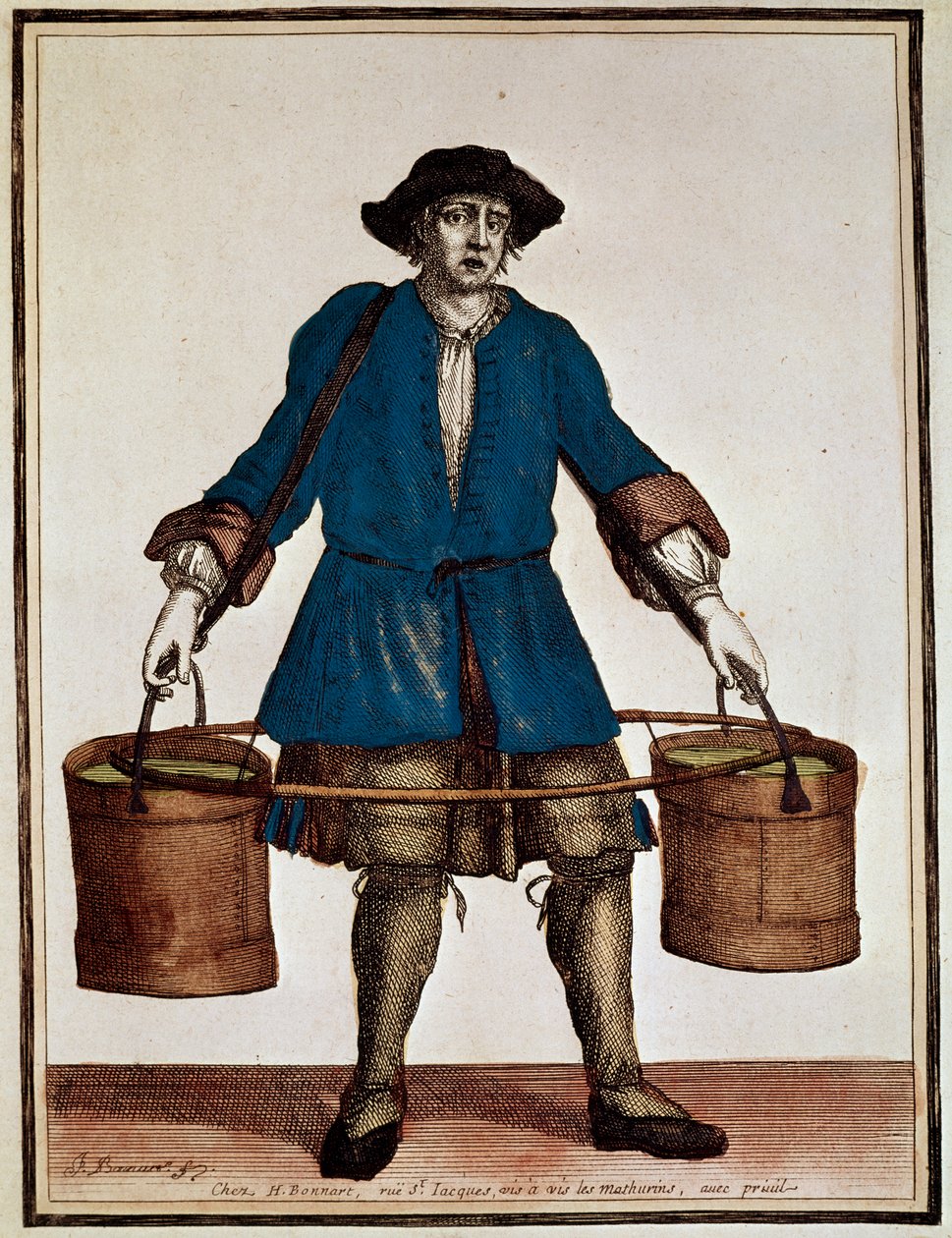 Vannbærer, farget gravering av Henri Bonnart (1642-1711) og Jean Baptiste Bonnart (1654-1726), fra Recueil des modes de la cour de France av Jean Baptiste Bonnart