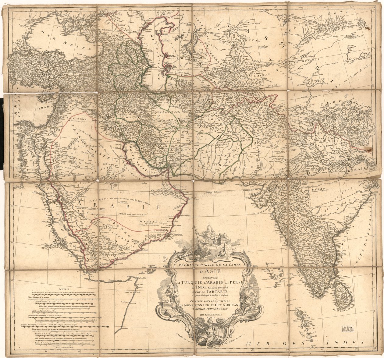 Relieff vist med hachures og billedmessig. LC-kopi kommentert med blekk for å vise grenser. Også tilgjengelig via Library of Congress-nettstedet som et rasterbilde av Jean Baptiste Bourguignon dAnville