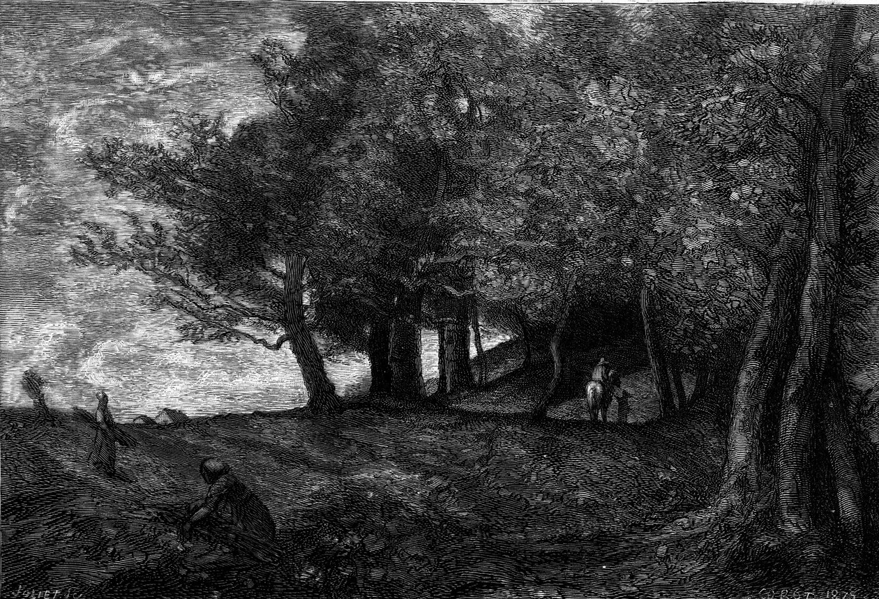 Bucherons (1870-1871). Gravering etter maleriet av Jean Baptiste Camille Corot (1796-1875) i "" The Illustrous World"" nr. 1209 av 29. mai av Jean Baptiste Camille (after) Corot