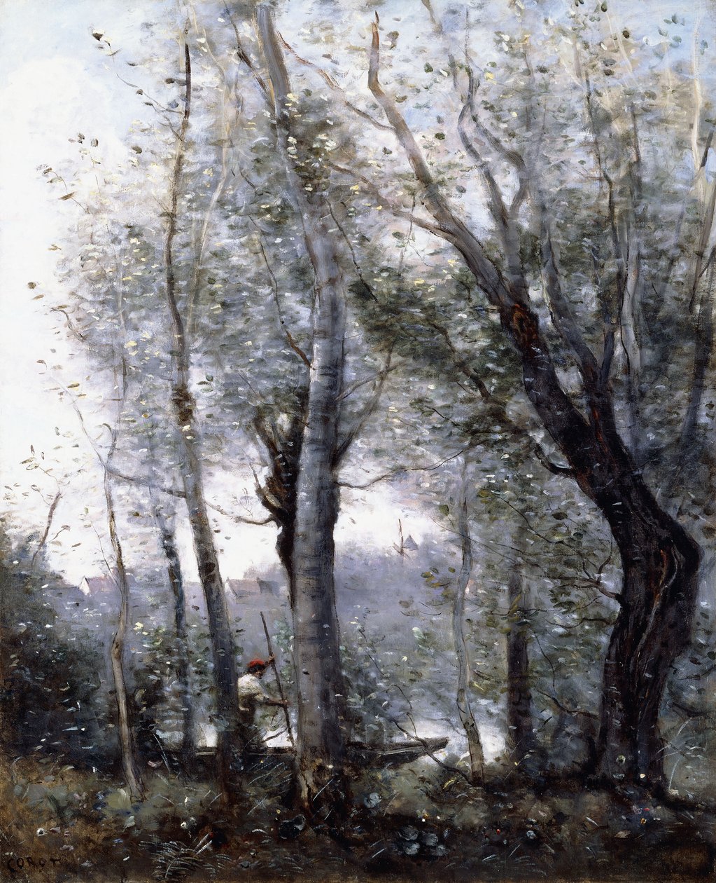 En lekter som passerer bak trær på bredden, 1865-70 av Jean Baptiste Camille Corot