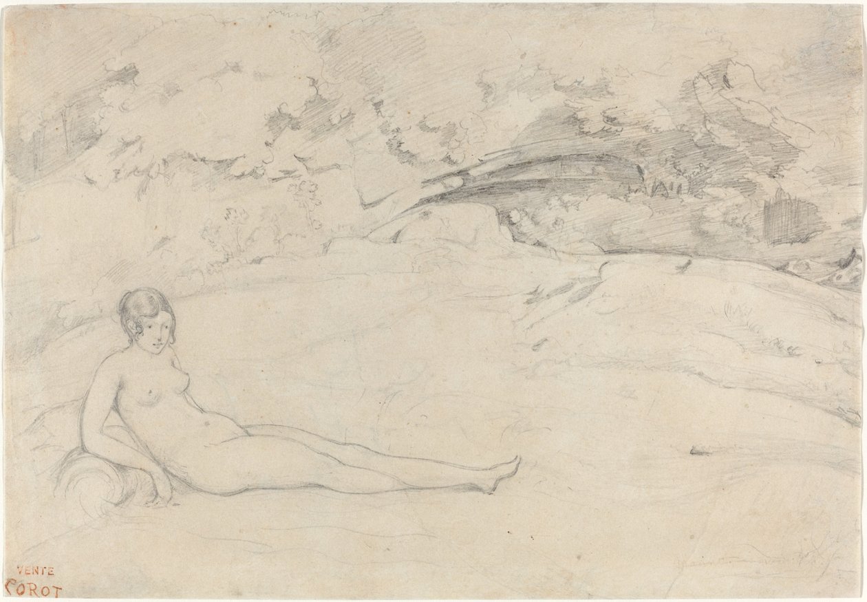 En naken liggende i et landskap av Jean Baptiste Camille Corot