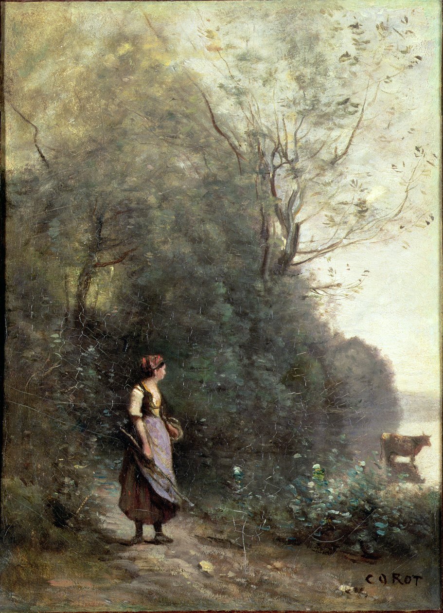 En bondekvinne som beiter en ku i kanten av en skog, ca. 1865-70 av Jean Baptiste Camille Corot