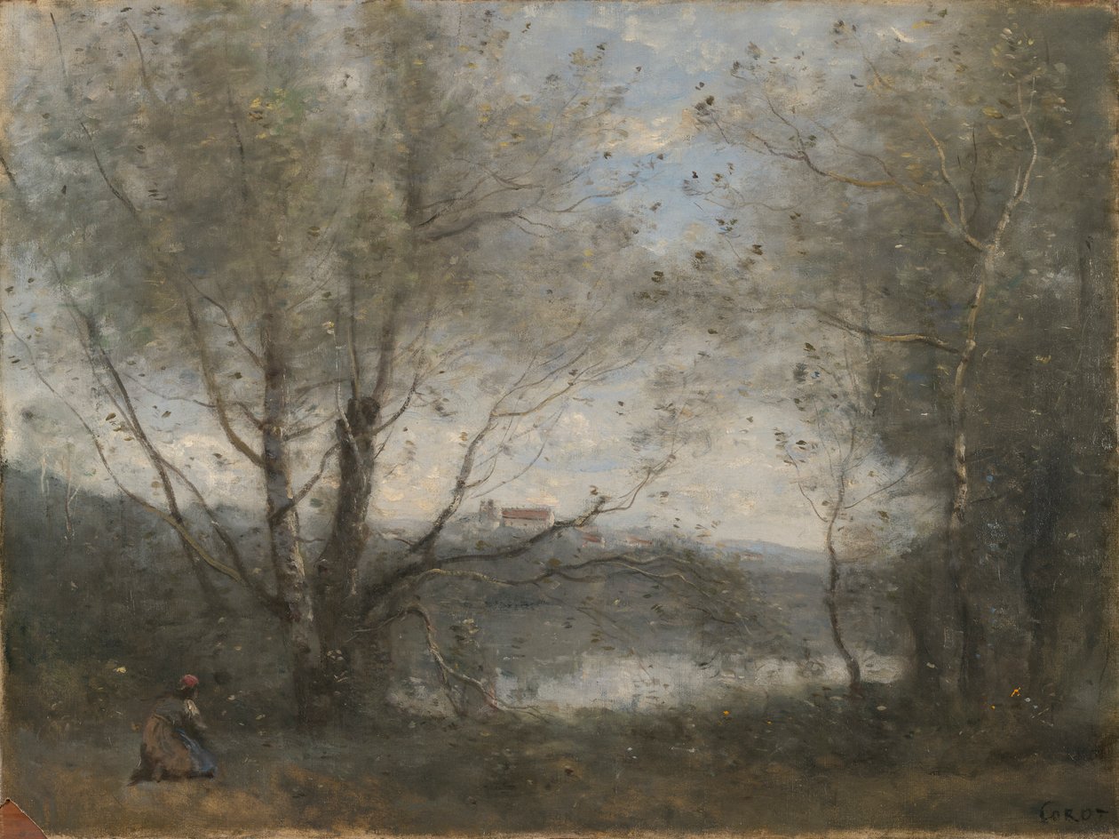 En dam sett gjennom trærne av Jean Baptiste Camille Corot