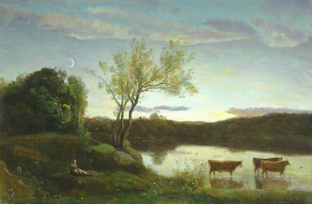 En dam med tre kyr og en halvmåne, ca. 1850 av Jean Baptiste Camille Corot