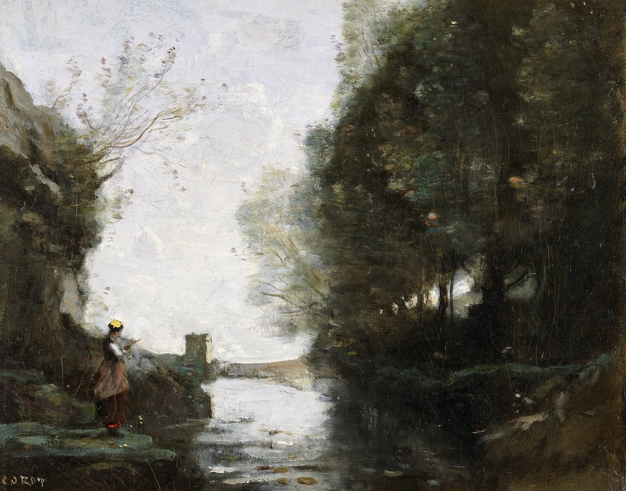 En elv med et firkantet tårn og en bonde i forgrunnen, ca. 1865-70 av Jean Baptiste Camille Corot